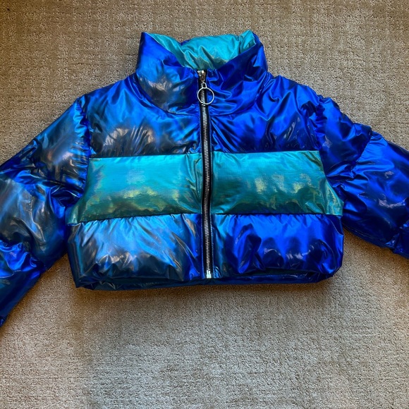 Blue Holographic Puffer Crop Jacket - Picture 2 of 4